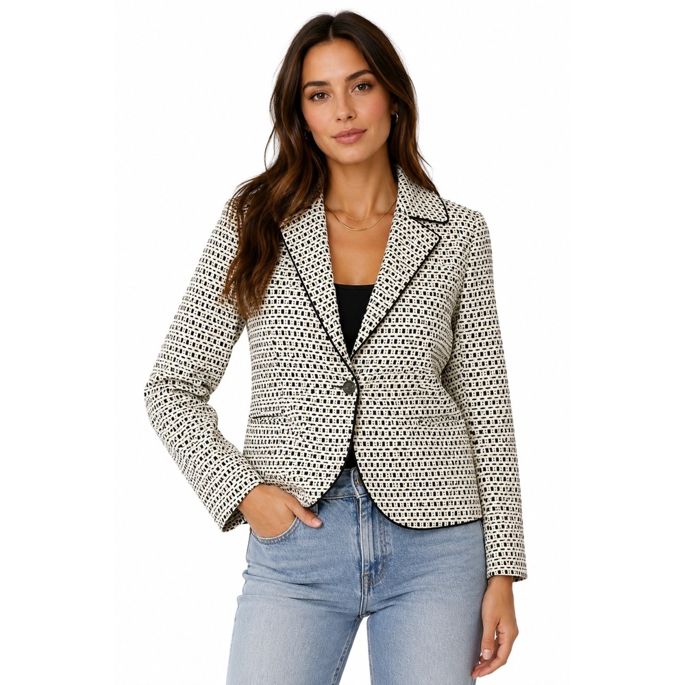 Nine West Blazer Women‎ 14 White Black Geometric Textured Piping Office Workwear